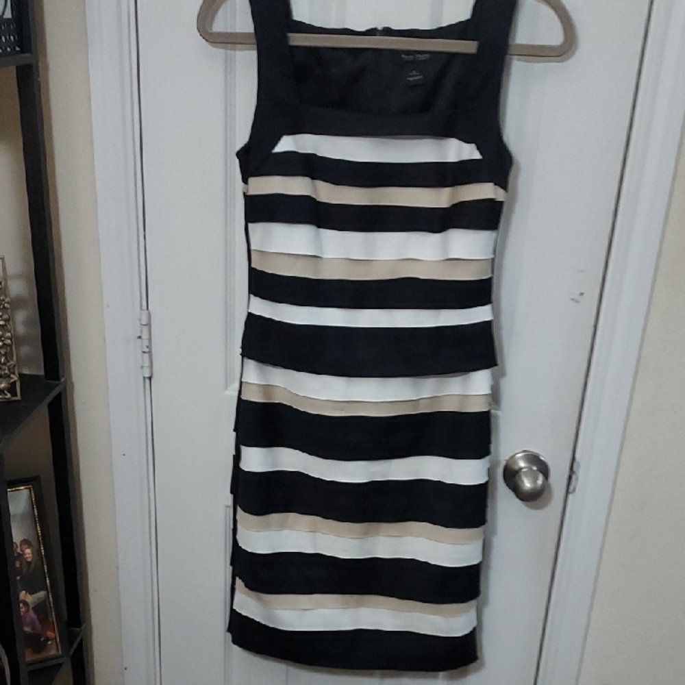 White House Black Market Black, White, and Tan Striped Sheath Dress